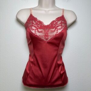 VTG 80s Vassarette Women Nylon Whimsigoth Cami Top Medium Red Lace Trim Satin